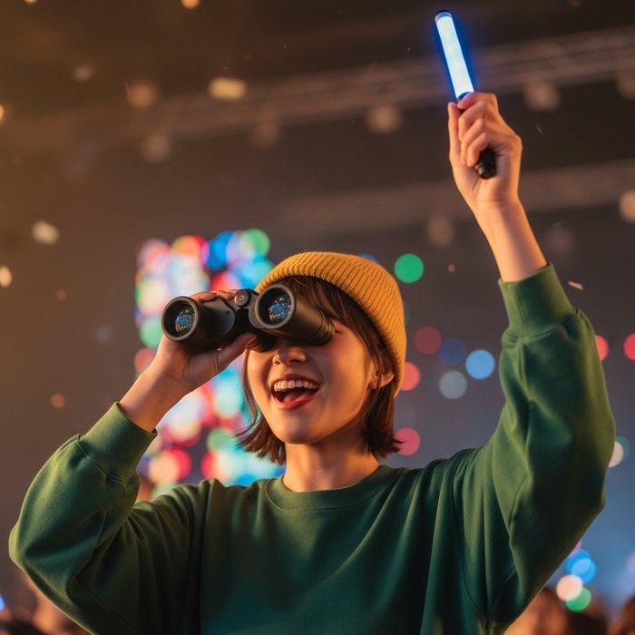 双眼鏡とペンライトでライブを楽しむ様子