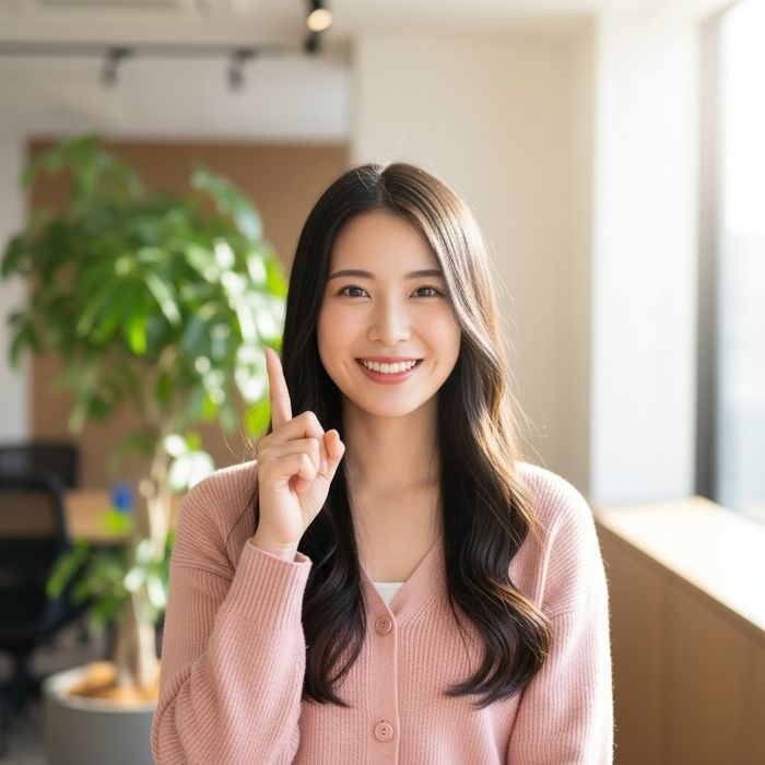 人差し指を立てておすすめのポイントを示す女性
