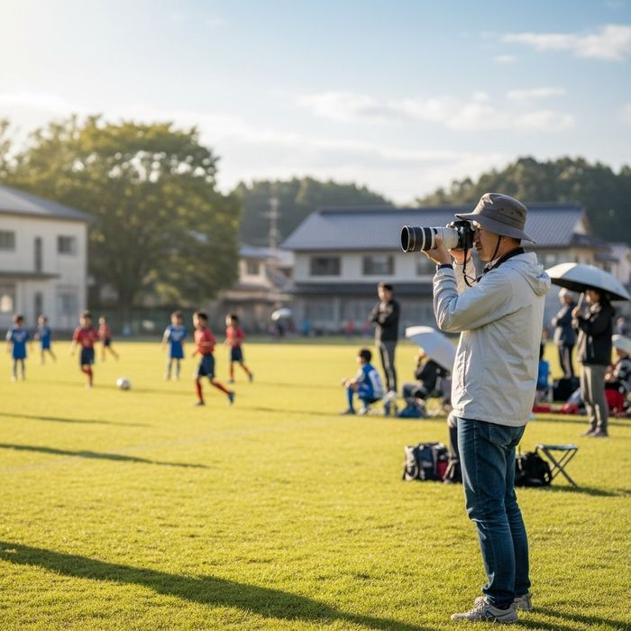 サッカーの試合を望遠レンズ付きカメラで撮影する保護者