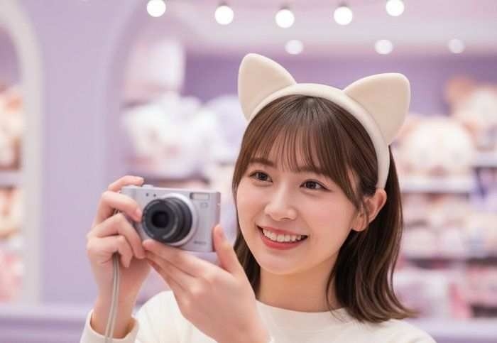 テーマパークでコンパクトデジタルカメラを構えて自撮りする女性