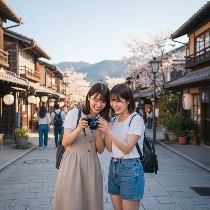 旅先で撮った写真を確認しながら盛り上がる様子