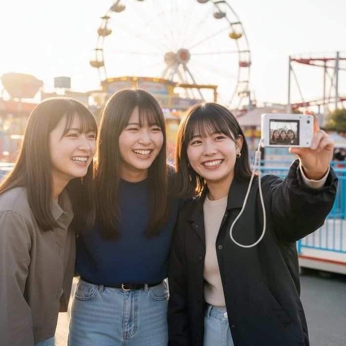 テーマパークで友達3人と自撮りを撮る様子
