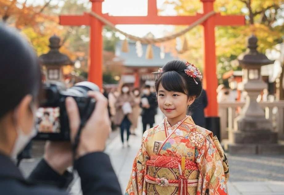 七五三の記念写真を撮影する様子
