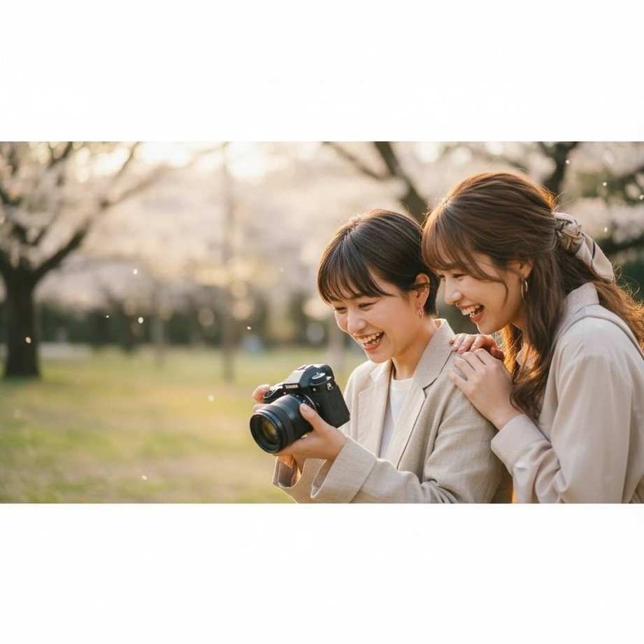 撮った写真を友人と確認しながら笑い合う様子