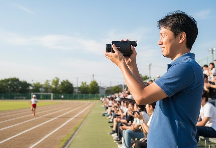 運動会でビデオカメラを構えて子供を撮影する父親