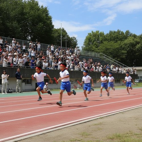 運動会のリレー競争で走る子供たち